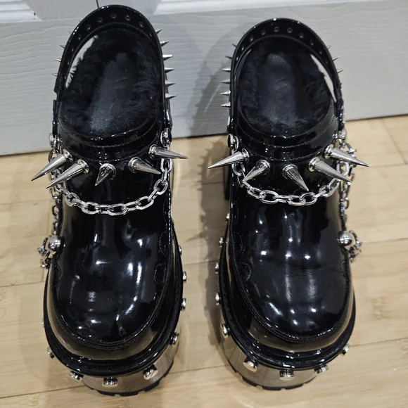 Dolls Kill Widow Black Silver Spiked Righteous Rebel Platform Mules Heels 8 9 - Picture 8 of 11